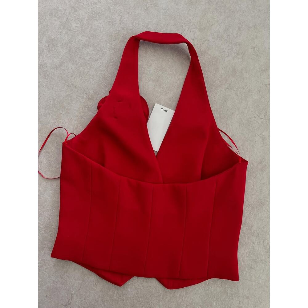 MANGO Red Rosette Halter Vest Top NWT Floral Applique Statement Blouse - Picture 16 of 16